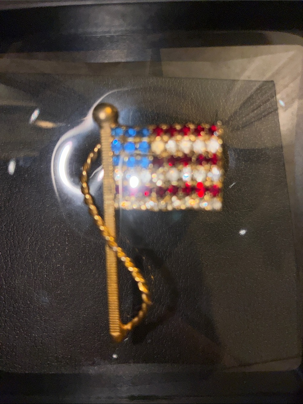 Vintage Gold toned American Flag Crystal Tie Pin - Red, White & Blue
